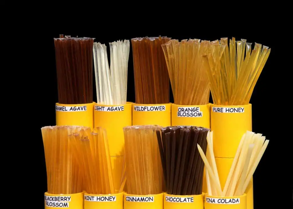 Honey sticks of various flavors